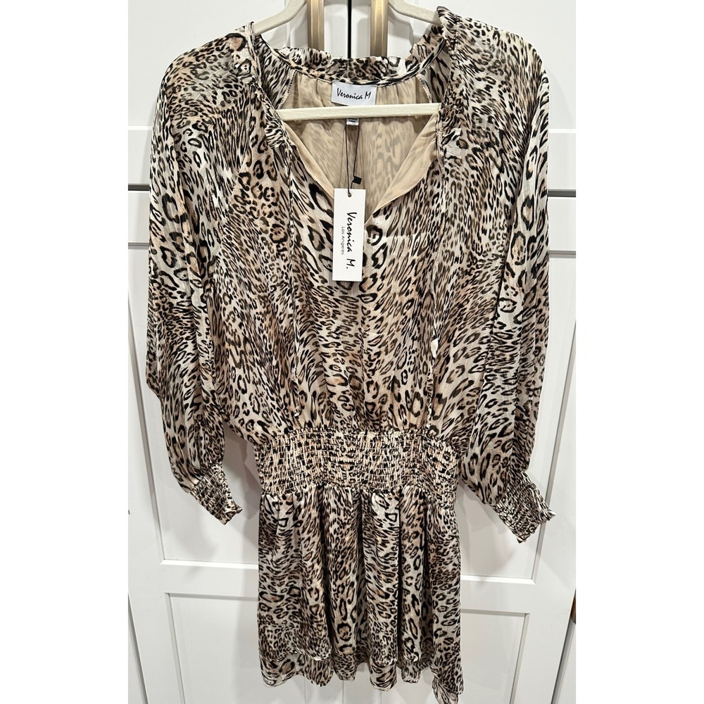 Veronica M Leopard Print Smocked Waist Mini Dress Gold Metallic DSS-2714 Large